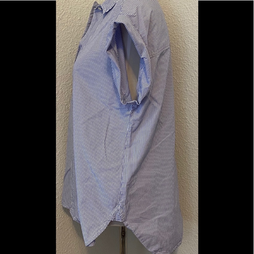 J. Crew Blue White Pinstripe Cap-Sleeve Button Shirt - Picture 8 of 15